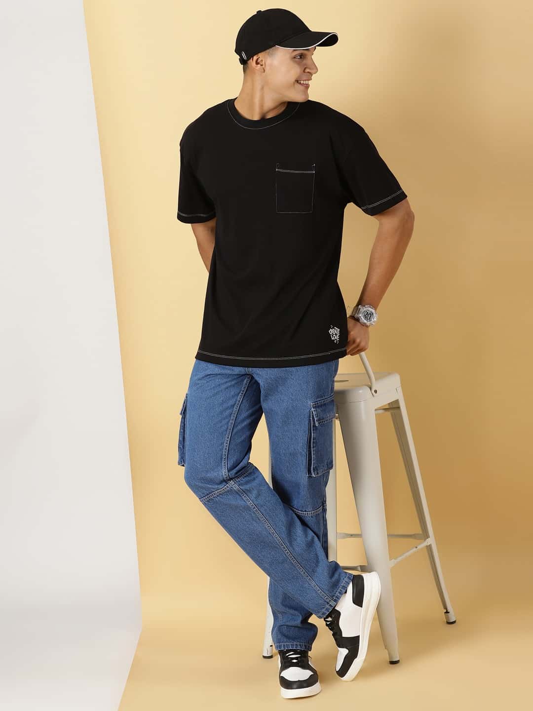 Thomas Scott Men Mid-Rise Smart Relaxed Fit Light Fade Cargo Style Pure Cotton Jeans
