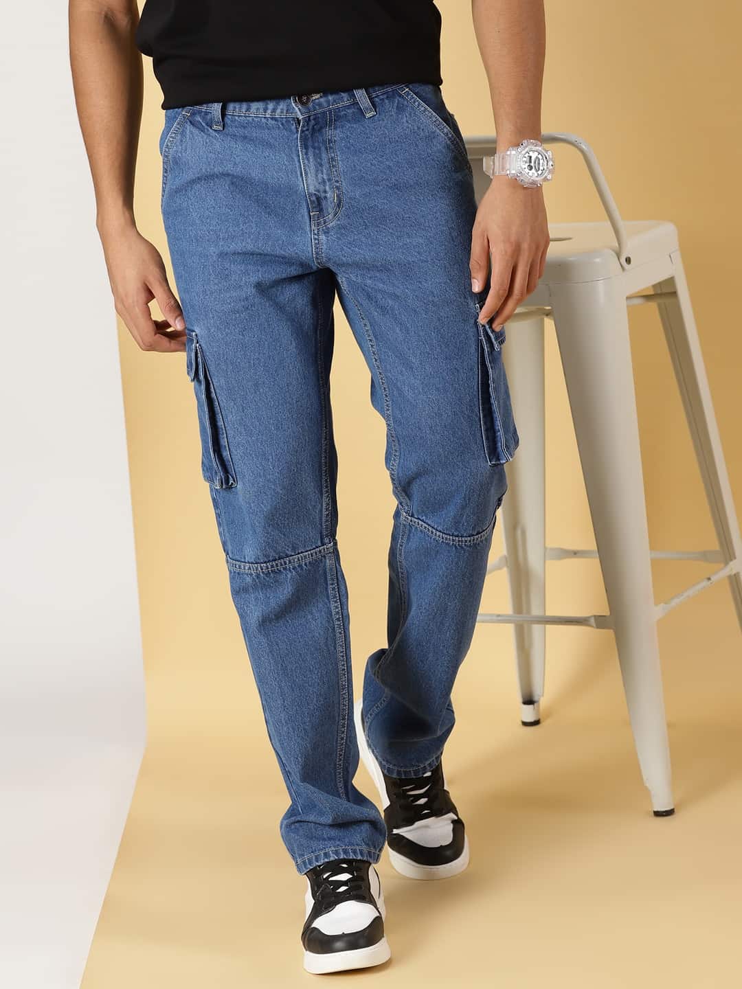 Thomas Scott Men Mid-Rise Smart Relaxed Fit Light Fade Cargo Style Pure Cotton Jeans