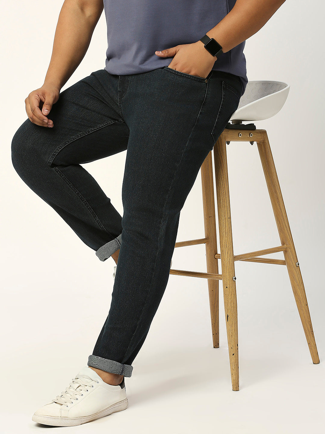 Thomas Scott Men Dark Blue Plus Size Mid-Rise Tapered Fit Stretchable Jeans