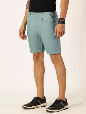 Mid Blue Mid-Rise Regular Fit Cotton Woven Chinos Shorts For Men