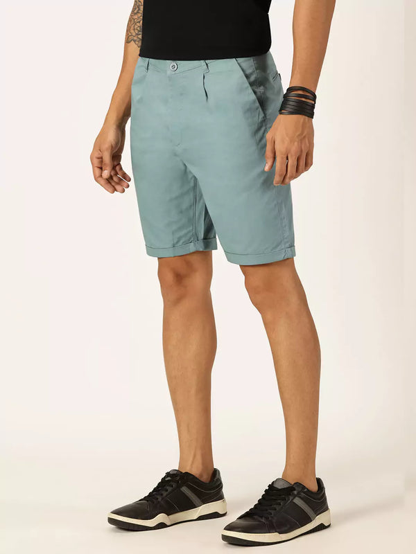 Mid Blue Mid-Rise Regular Fit Cotton Woven Chinos Shorts For Men