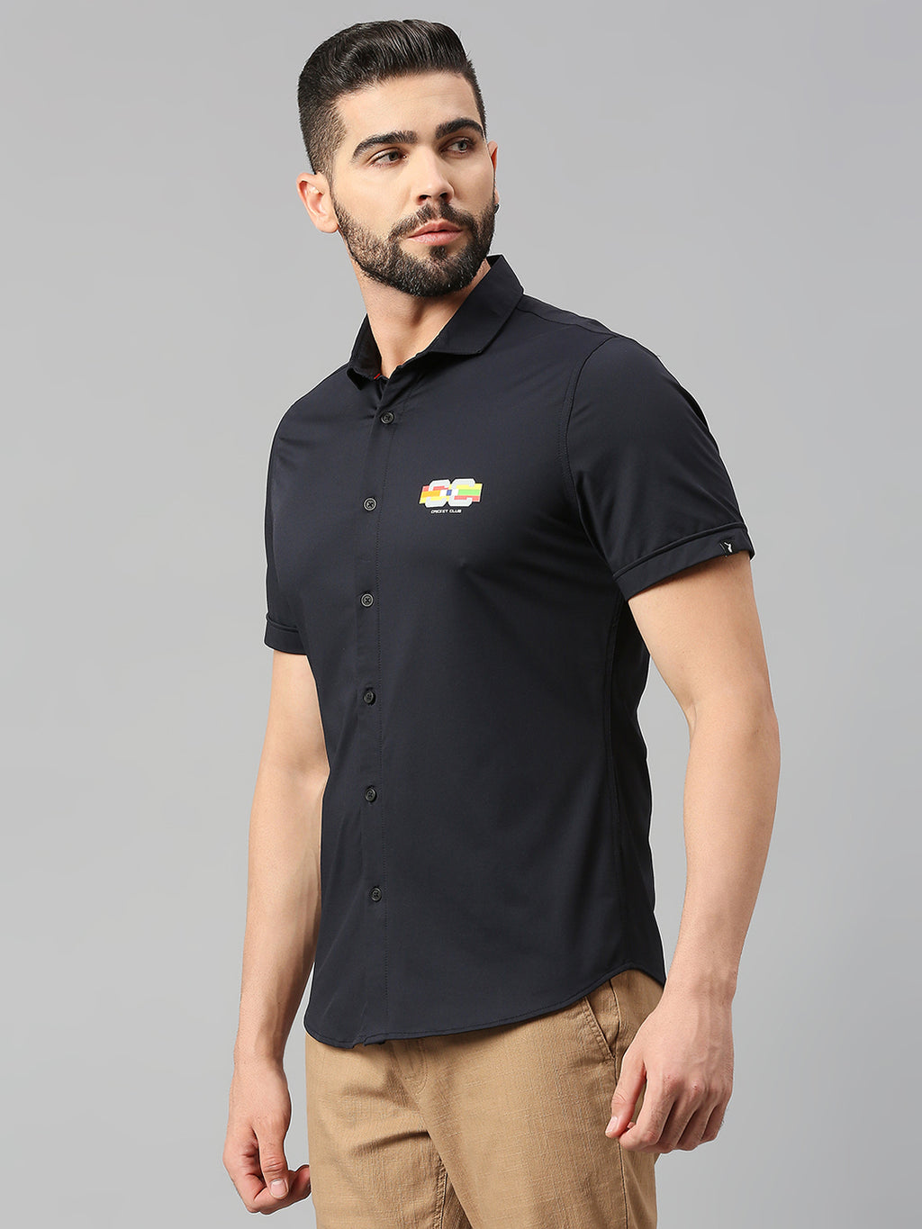 Thomas Scott Men Jet Navy Classic Slim Fit Short Sleeves Cutaway Collar Solid 4 Way Stretch Knitted Casual Shirt