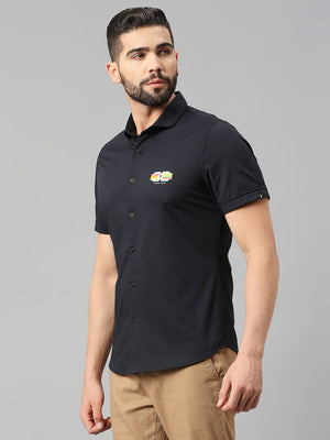 Thomas Scott Men Jet Navy Classic Slim Fit Short Sleeves Cutaway Collar Solid 4 Way Stretch Knitted Casual Shirt