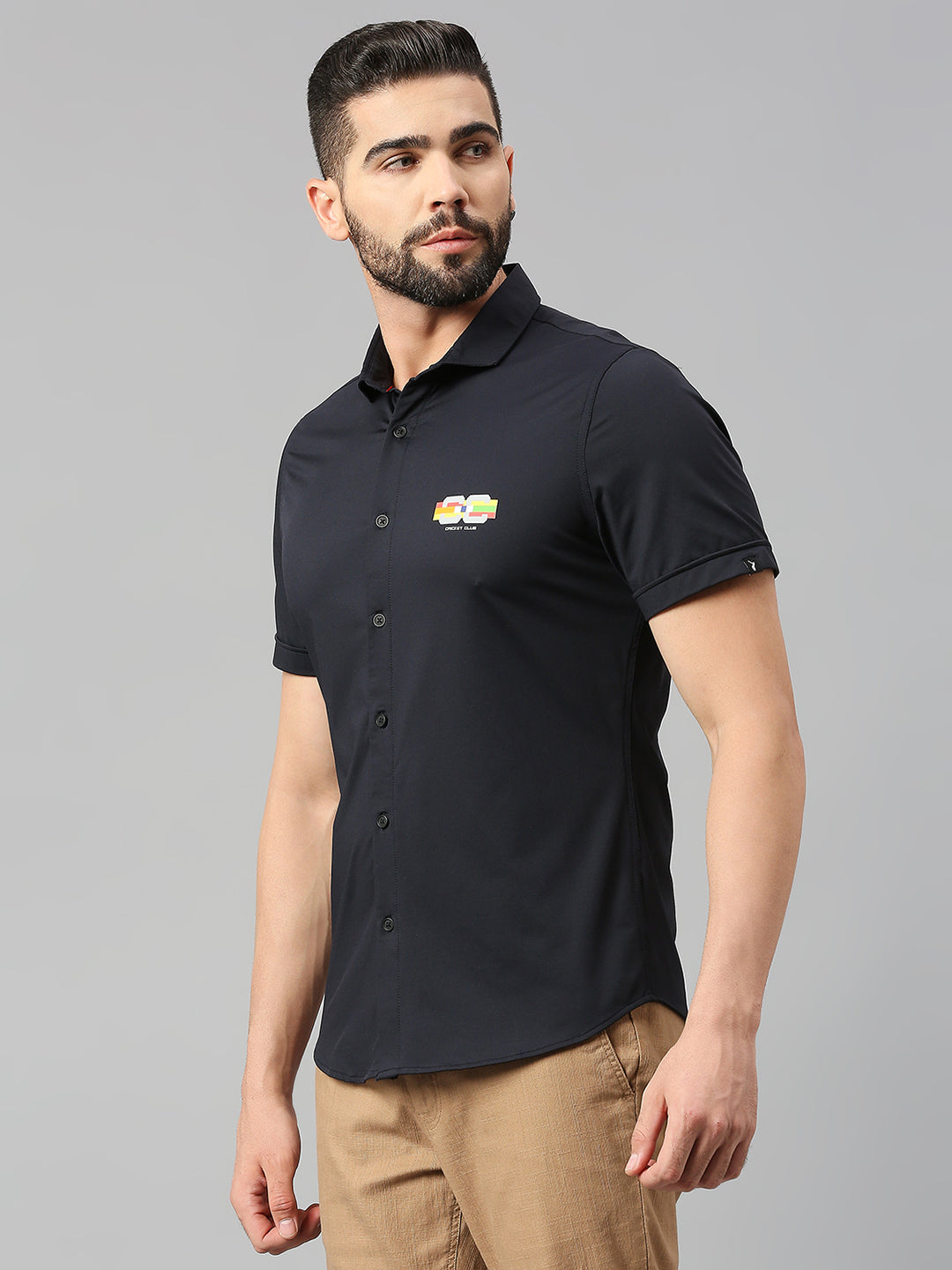 Thomas Scott Men Jet Navy Classic Slim Fit Short Sleeves Cutaway Collar Solid 4 Way Stretch Knitted Casual Shirt