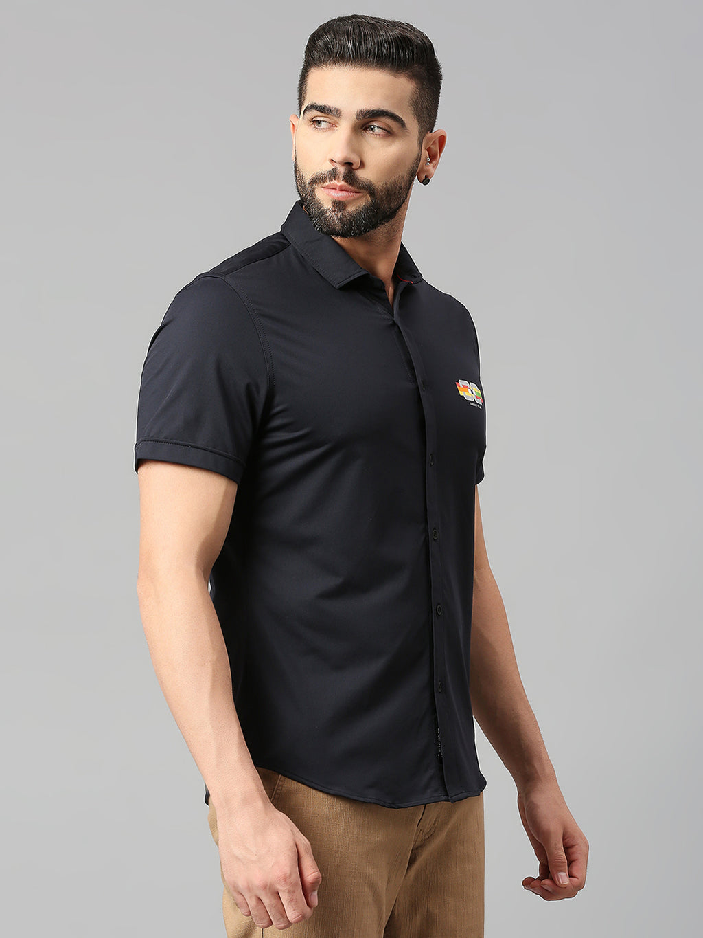 Thomas Scott Men Jet Navy Classic Slim Fit Short Sleeves Cutaway Collar Solid 4 Way Stretch Knitted Casual Shirt