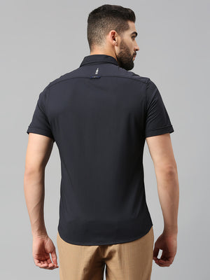 Thomas Scott Men Jet Navy Classic Slim Fit Short Sleeves Cutaway Collar Solid 4 Way Stretch Knitted Casual Shirt