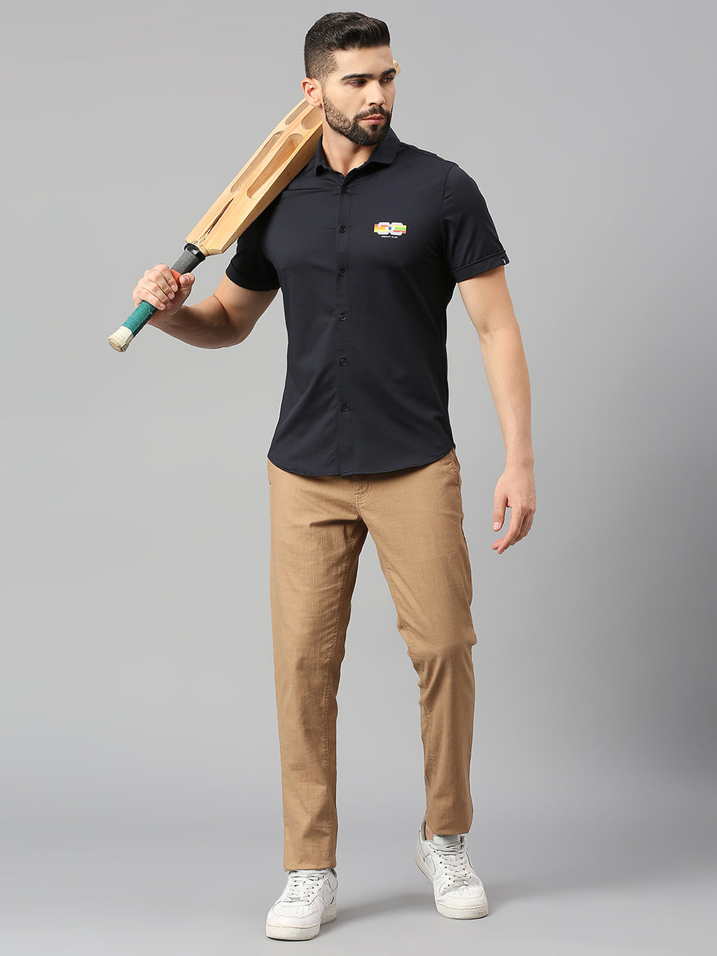 Thomas Scott Men Jet Navy Classic Slim Fit Short Sleeves Cutaway Collar Solid 4 Way Stretch Knitted Casual Shirt