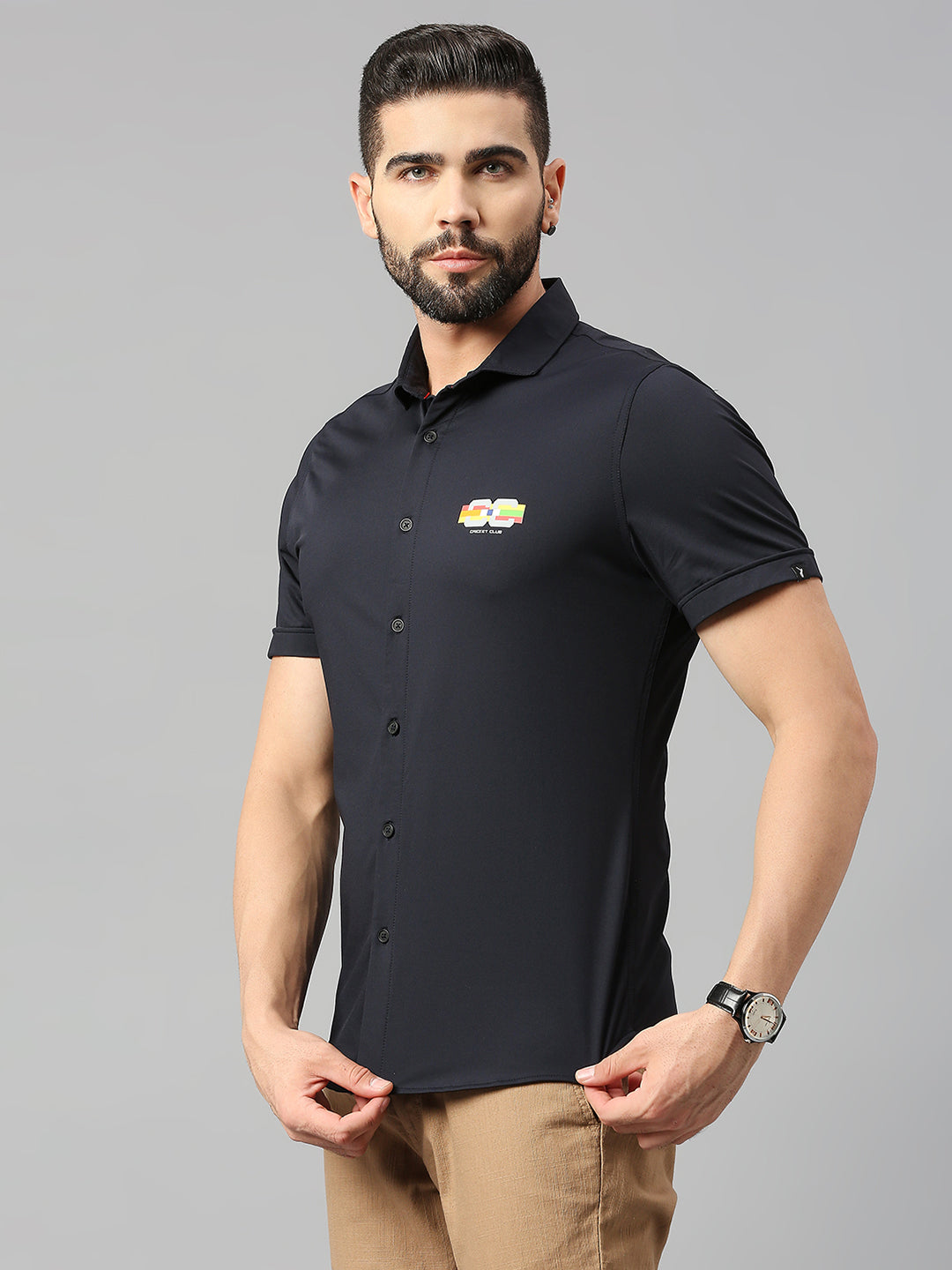Thomas Scott Men Jet Navy Classic Slim Fit Short Sleeves Cutaway Collar Solid 4 Way Stretch Knitted Casual Shirt