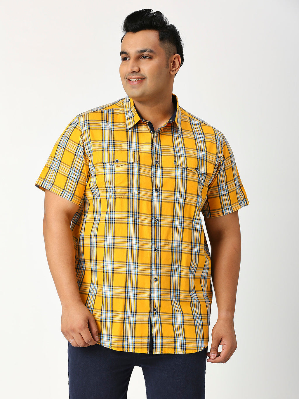 Thomas Scott Men Tango Plus Size Regular Fit Short Sleeves Spread Collar Tartan Checks 100% Cotton Twill Casual Shirt