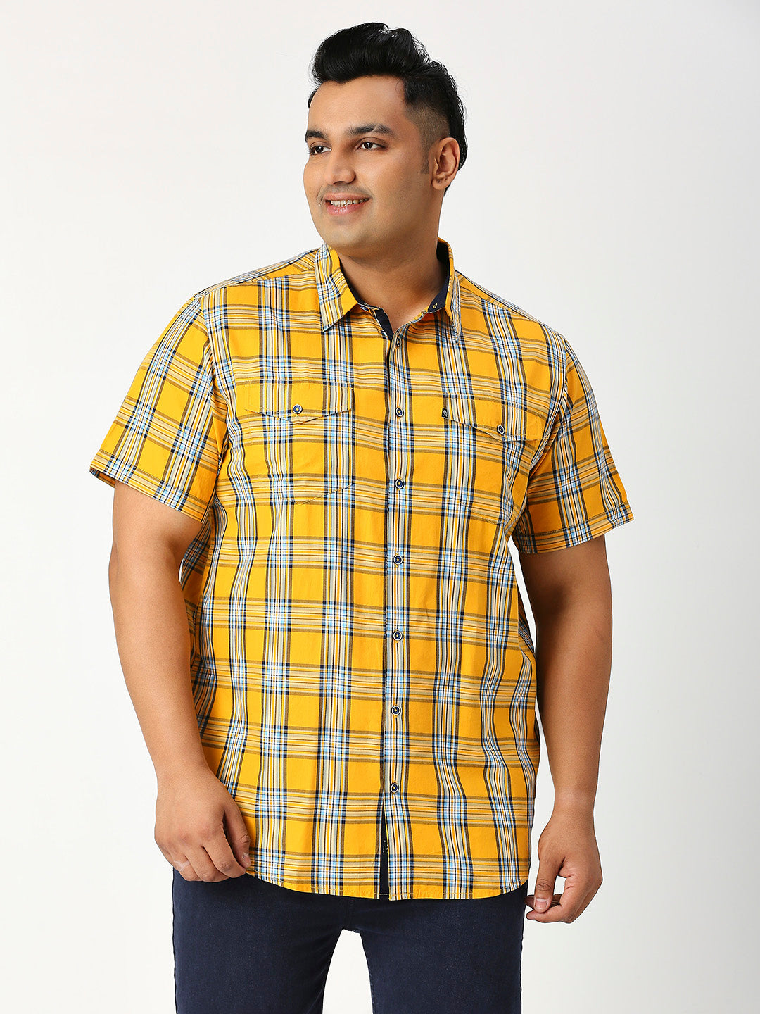 Thomas Scott Men Tango Plus Size Regular Fit Short Sleeves Spread Collar Tartan Checks 100% Cotton Twill Casual Shirt