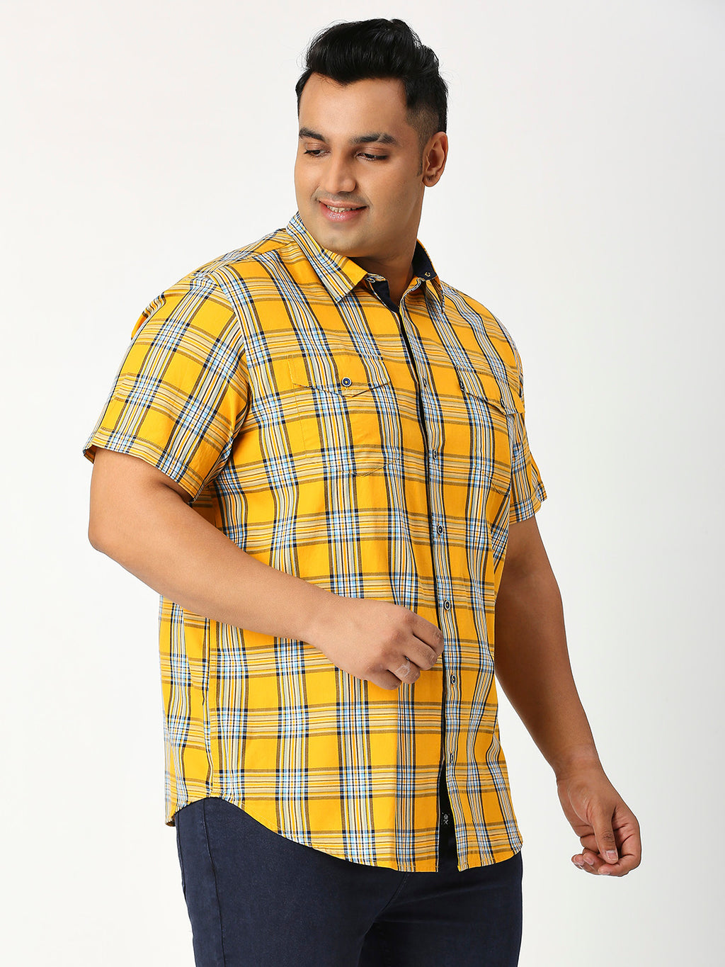 Thomas Scott Men Tango Plus Size Regular Fit Short Sleeves Spread Collar Tartan Checks 100% Cotton Twill Casual Shirt