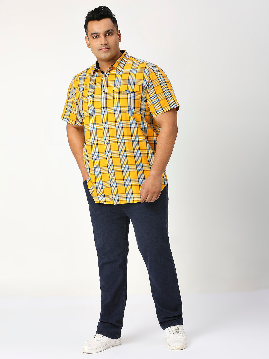 Thomas Scott Men Tango Plus Size Regular Fit Short Sleeves Spread Collar Tartan Checks 100% Cotton Twill Casual Shirt