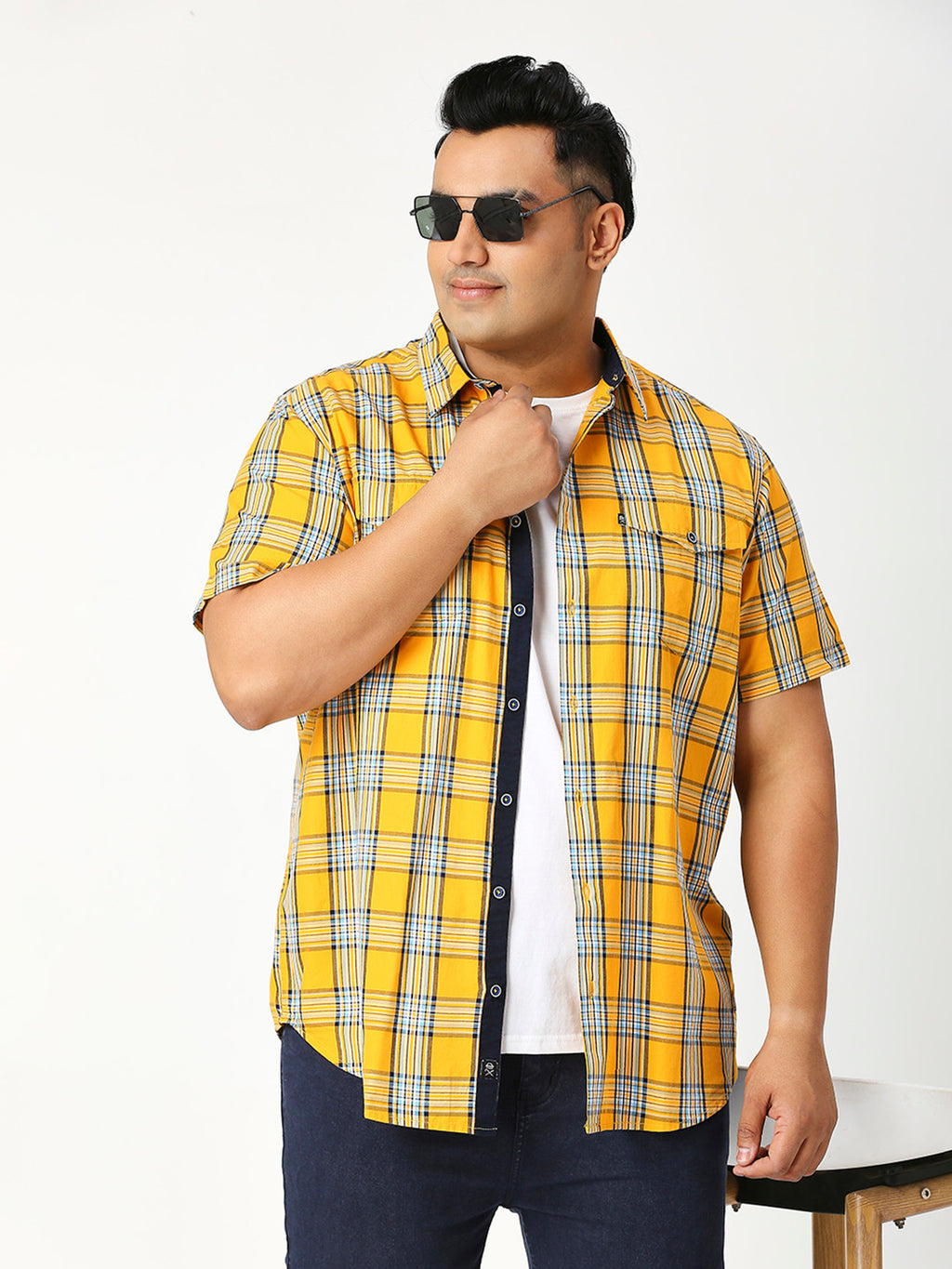 Thomas Scott Men Tango Plus Size Regular Fit Short Sleeves Spread Collar Tartan Checks 100% Cotton Twill Casual Shirt
