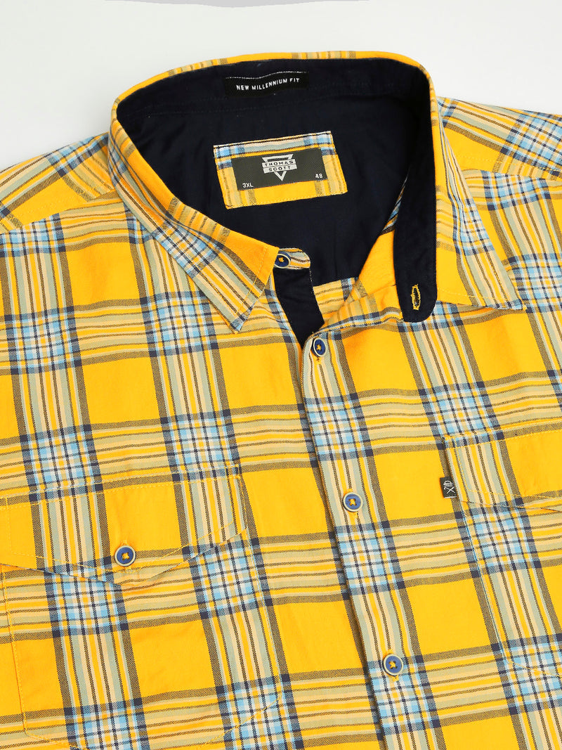 Thomas Scott Men Tango Plus Size Regular Fit Short Sleeves Spread Collar Tartan Checks 100% Cotton Twill Casual Shirt