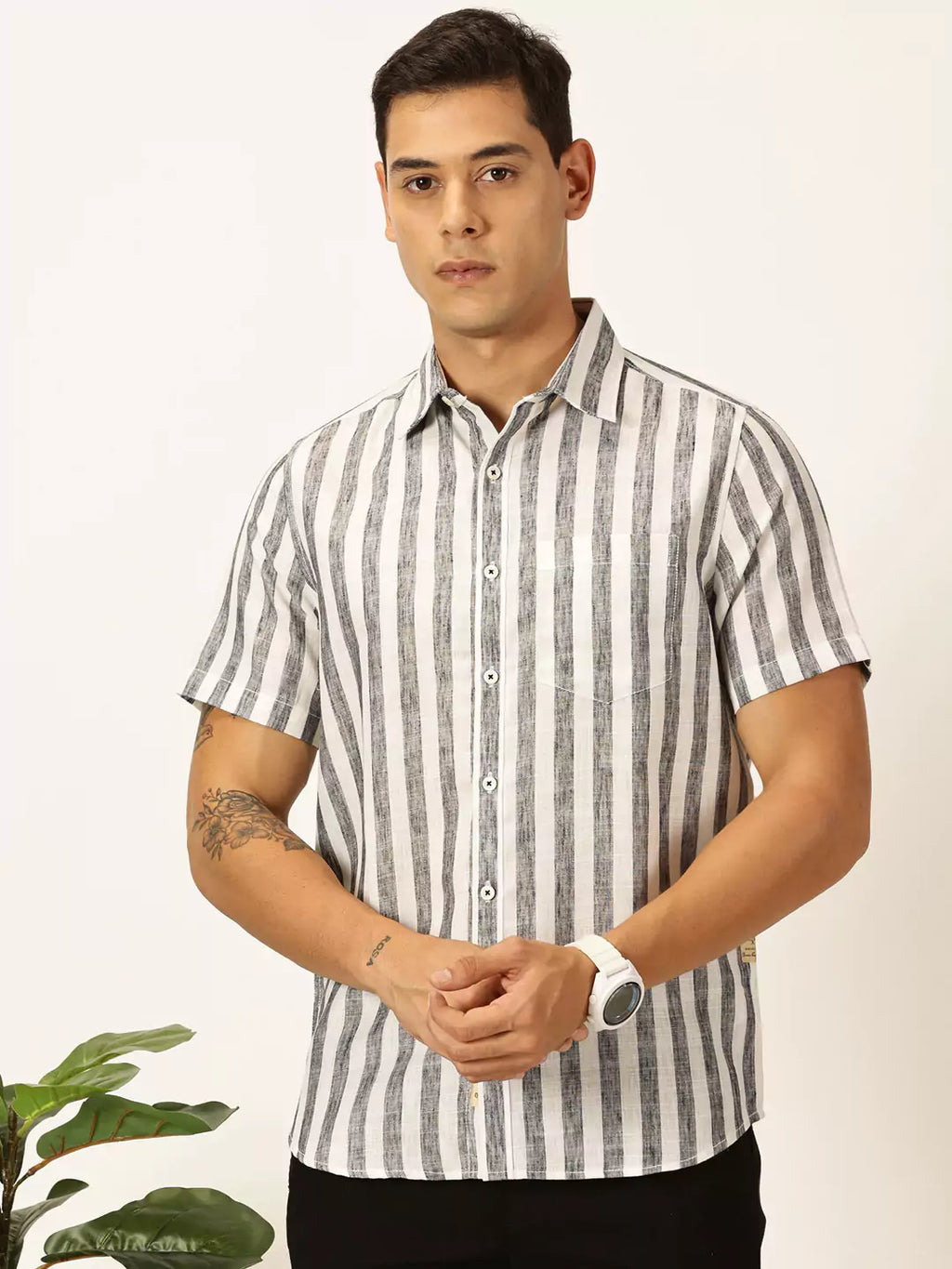 Thomas Scott Men Premium Vertical Stripes Cotton & Linen Casual Shirt