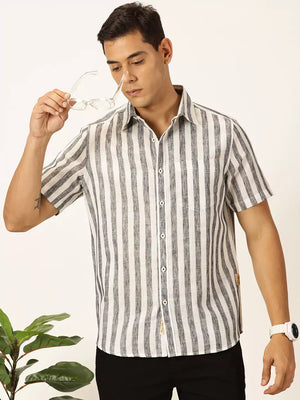 Black Premium Vertical Stripes Cotton & Linen Casual Shirt For Men