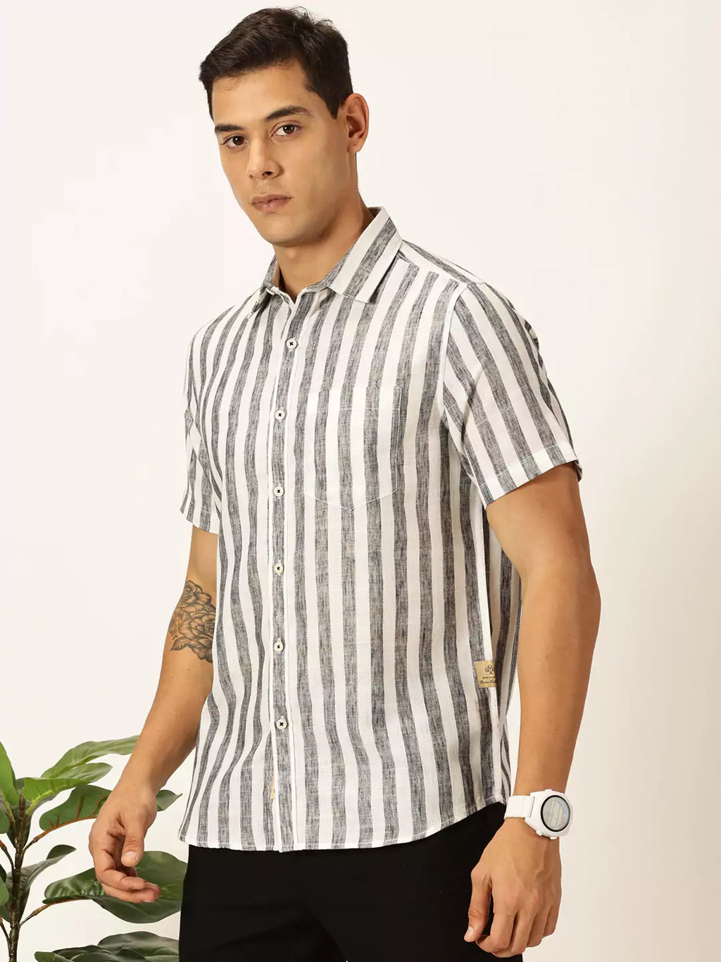 Thomas Scott Men Premium Vertical Stripes Cotton & Linen Casual Shirt