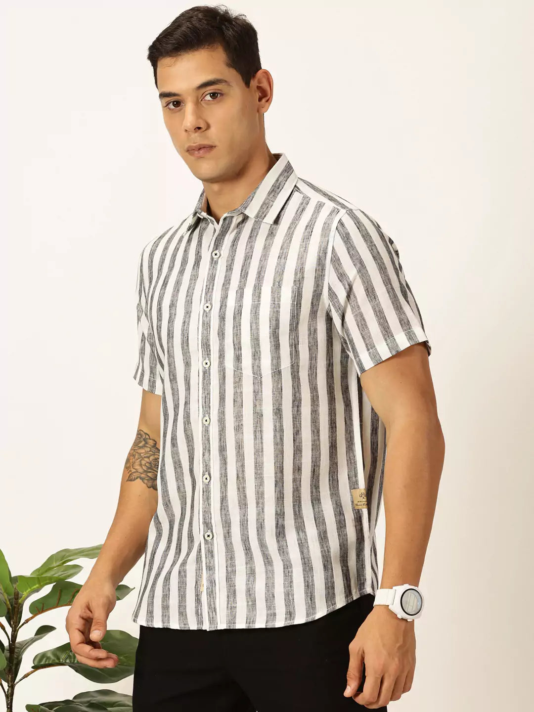 Thomas Scott Men Premium Vertical Stripes Cotton & Linen Casual Shirt
