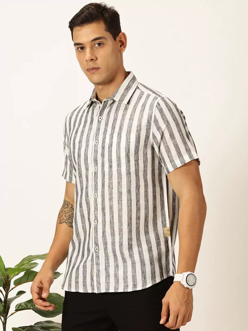 Thomas Scott Men Premium Vertical Stripes Cotton & Linen Casual Shirt
