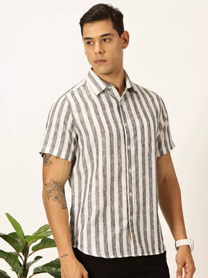 Black Premium Vertical Stripes Cotton & Linen Casual Shirt For Men