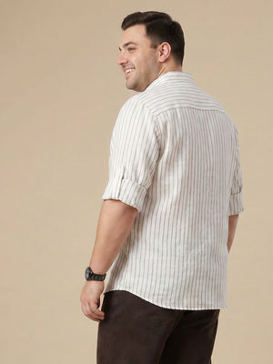 Brown Premium Plus Size Regular Fit Long Roll-Up Sleeves Mandarian Collar Linen Casual Shirt For Men