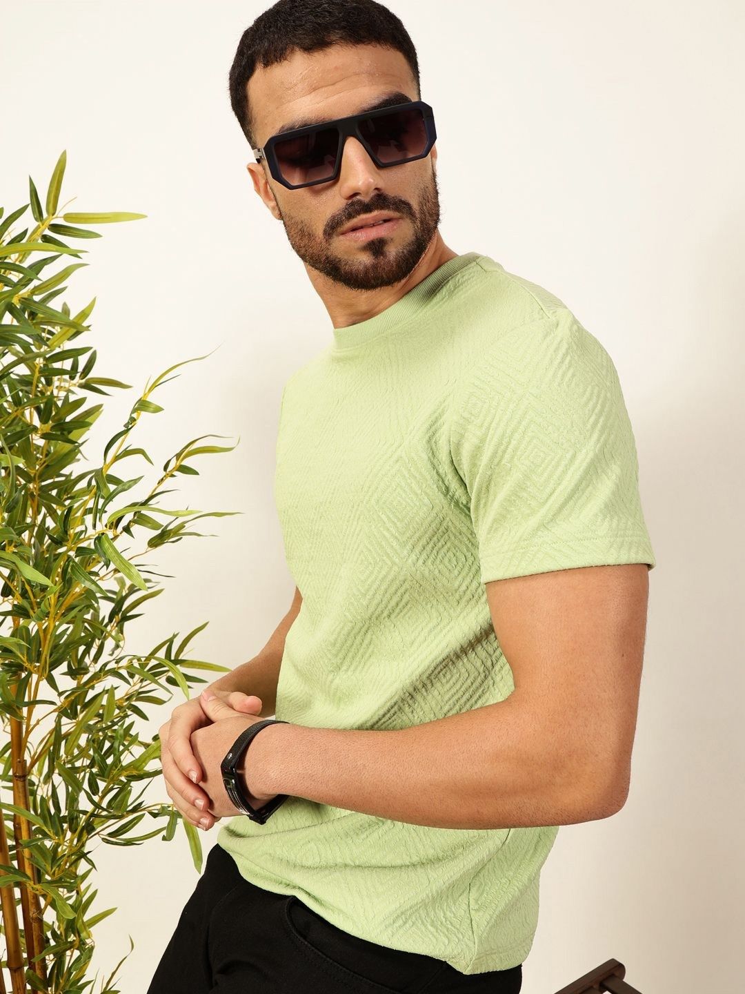 Lime Green Regular Fit Short Sleeves Round Neck Solid Knitted Tshirt For Men