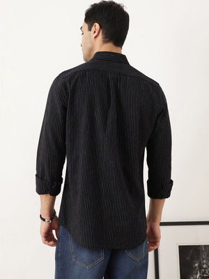 Black Premium Slim Fit Long Sleeves Spread Collar Pinstripes Cotton Linen Casual Shirt For Men