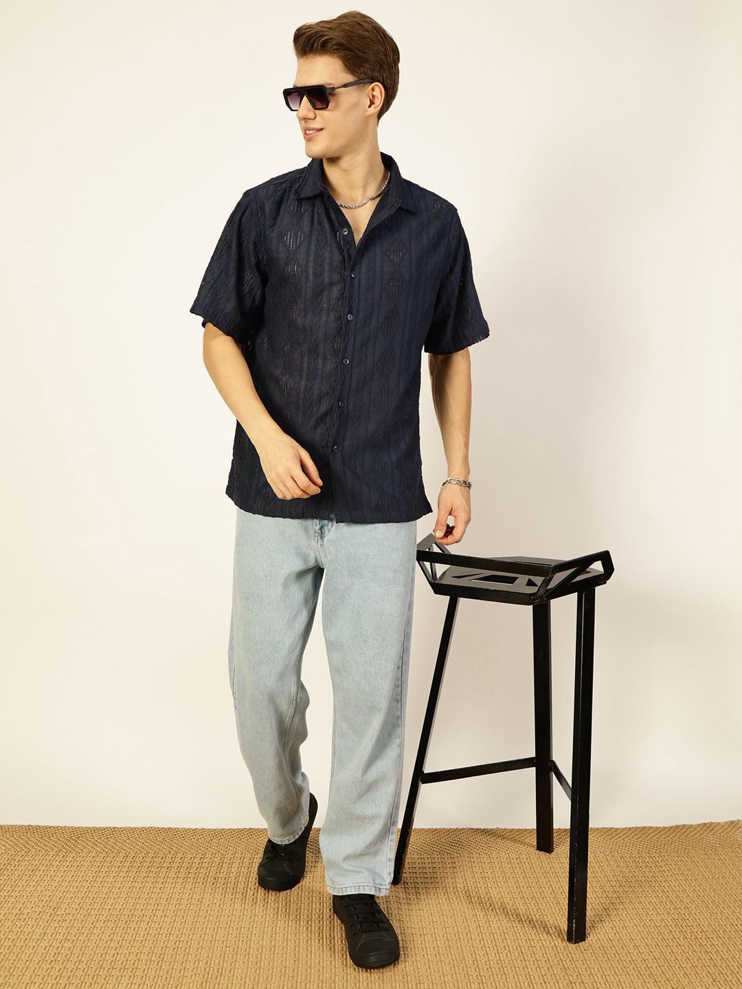 Navy Premium Oversized Short Sleeves Spread Collar Textured Casual Shirt For Men