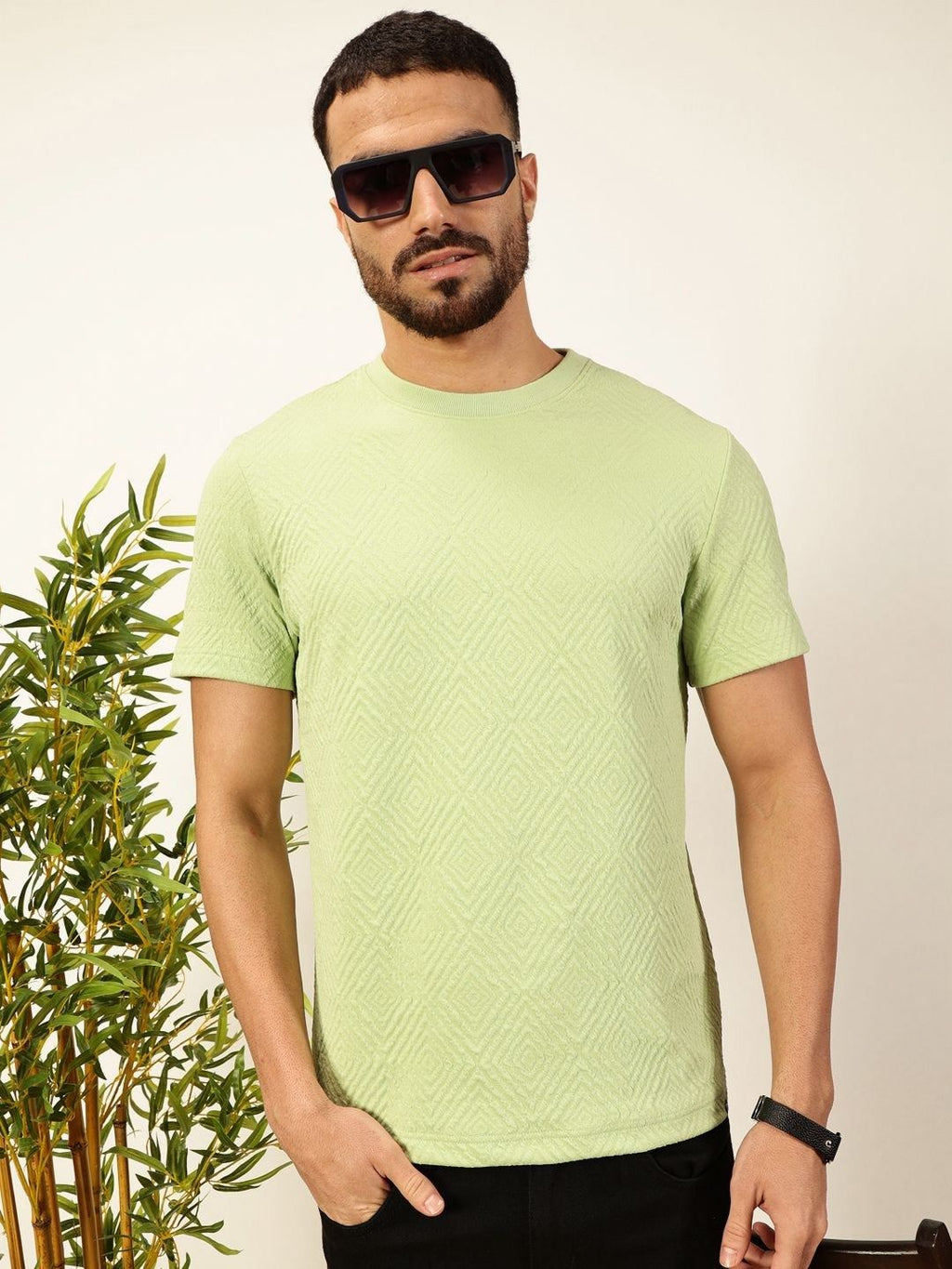 Lime Green Regular Fit Short Sleeves Round Neck Solid Knitted Tshirt For Men