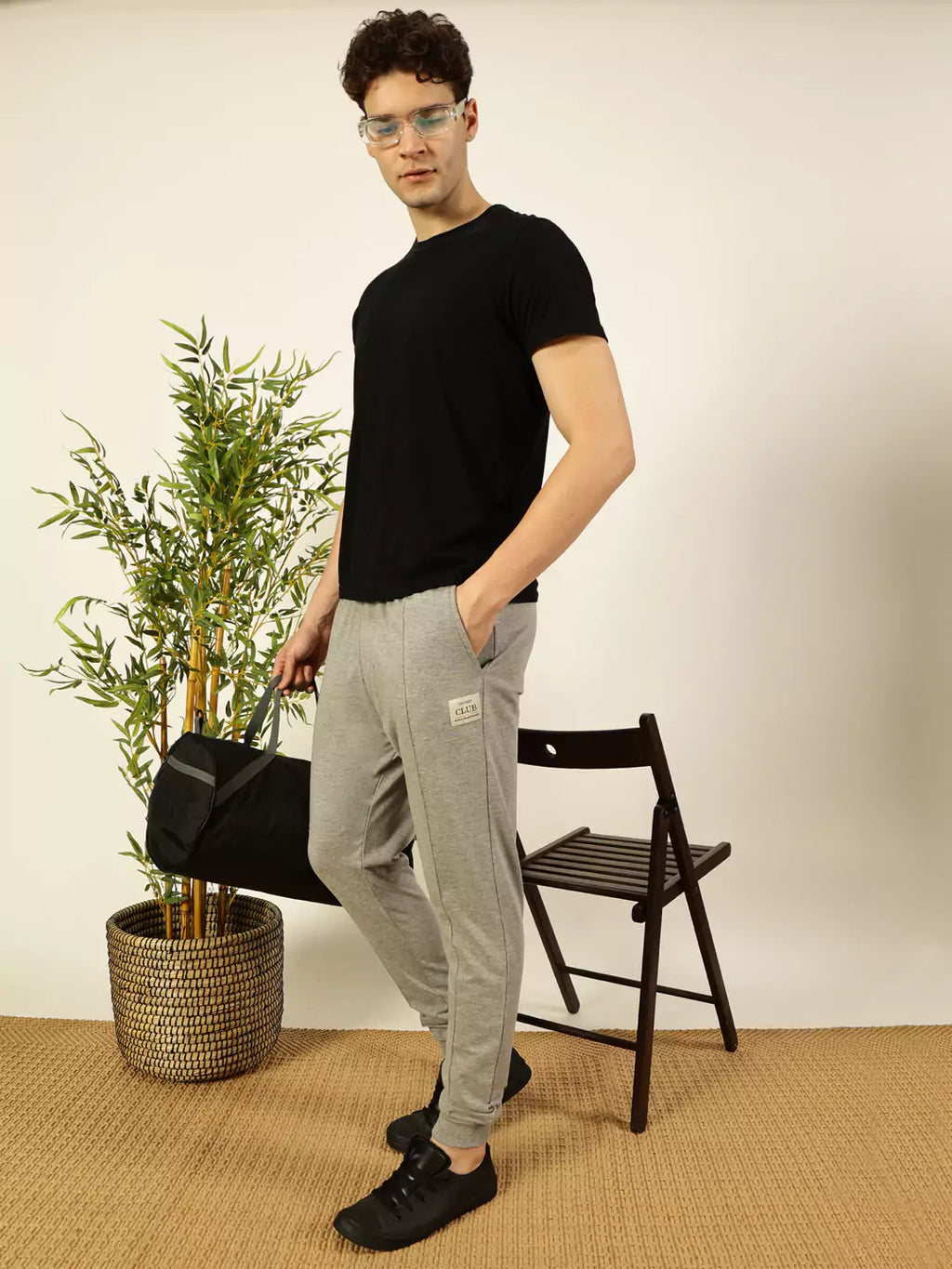 Grey Melange Straight-Fit Mid Rise Solid Joggers For Men