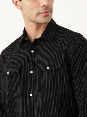 Black Premium Slim Fit Long Sleeves Spread Collar Pinstripes Cotton Linen Casual Shirt For Men