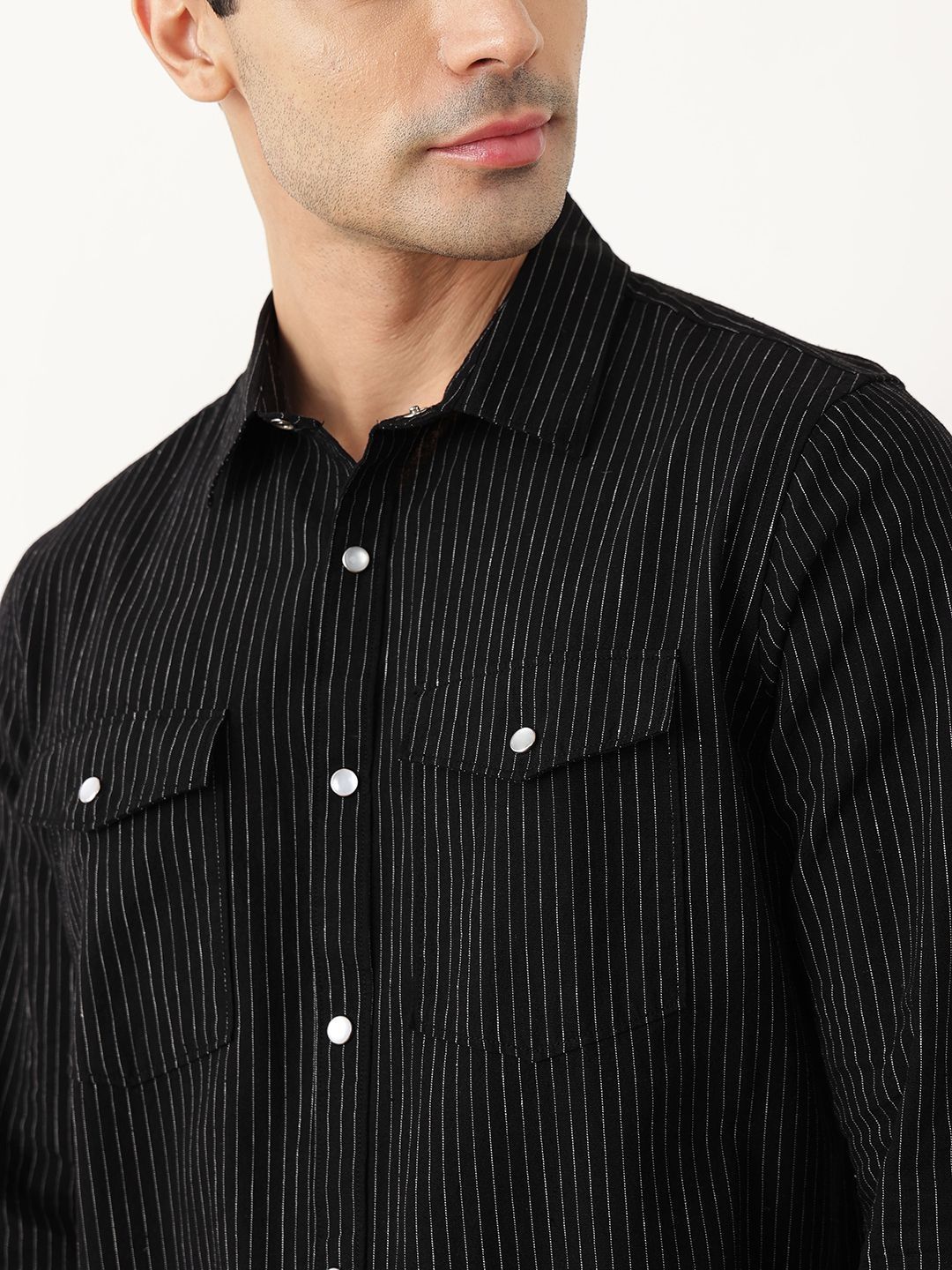 Black Premium Slim Fit Long Sleeves Spread Collar Pinstripes Cotton Linen Casual Shirt For Men
