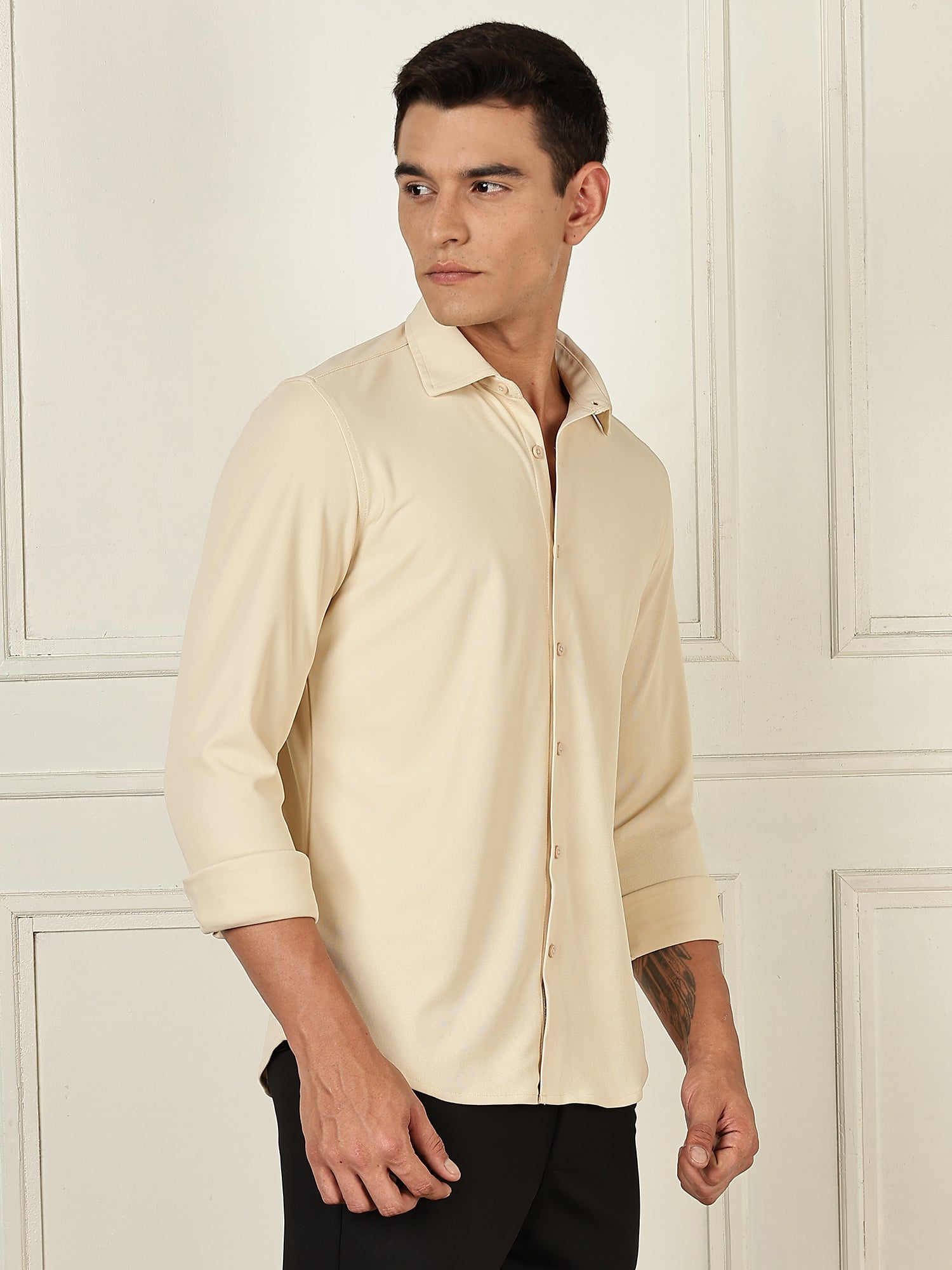 Thomas Scott Men Beige Premium Slim Fit Long Sleeves 4 Way Stretch CoolMax Knitted Casual Shirt