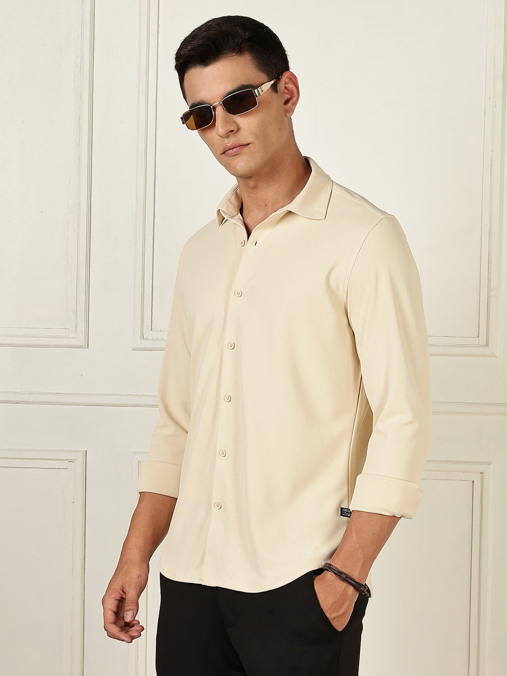 Thomas Scott Men Beige Premium Slim Fit Long Sleeves 4 Way Stretch CoolMax Knitted Casual Shirt