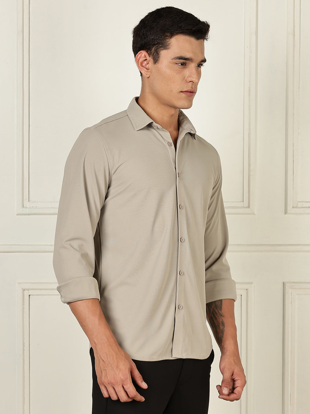 Thomas Scott Men Grey Premium Slim Fit Long Sleeves 4 Way Stretch CoolMax Knitted Casual Shirt