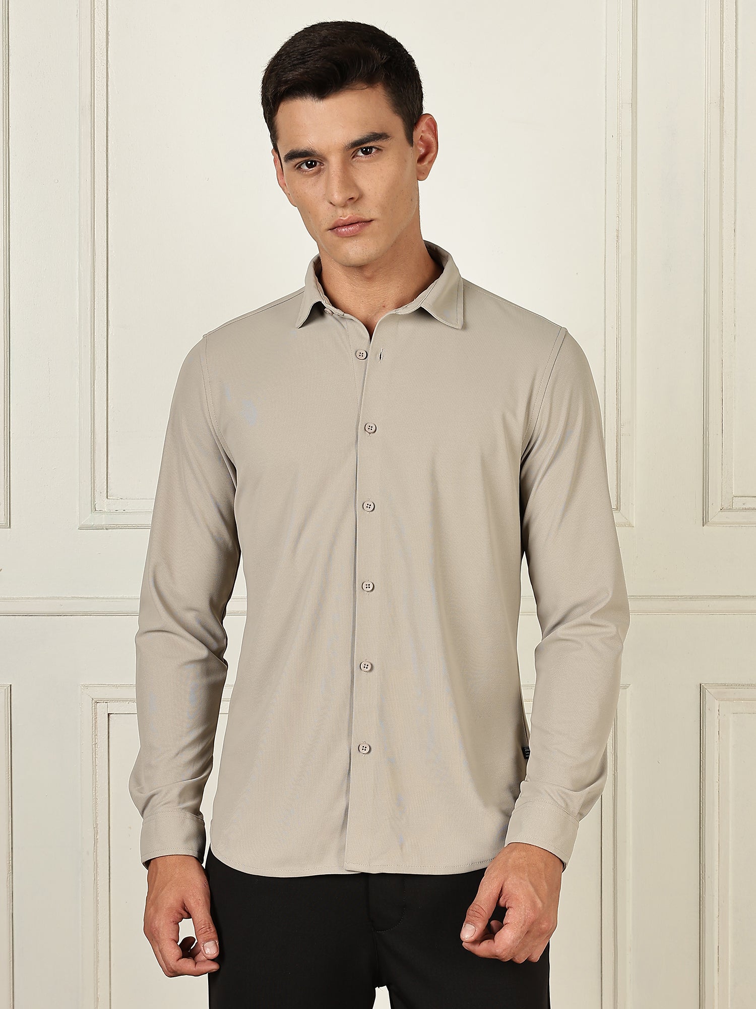 Thomas Scott Men Grey Premium Slim Fit Long Sleeves 4 Way Stretch CoolMax Knitted Casual Shirt