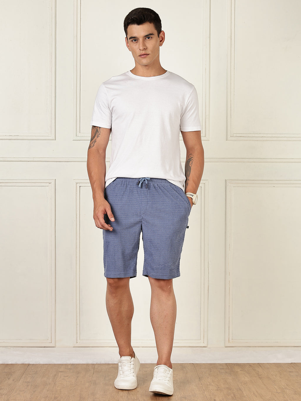 Thomas Scott Men Blue Mid-Rise Regular Fit Self Design Knee Length Knitted Shorts