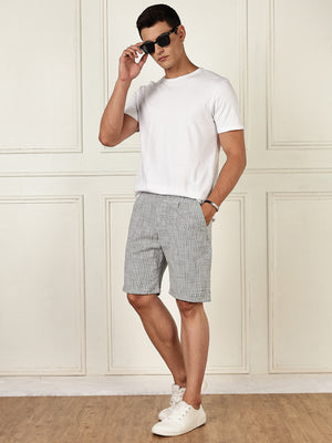 Thomas Scott Men Olive Mid-Rise Straight Fit Micro Checks Woven Linen Shorts