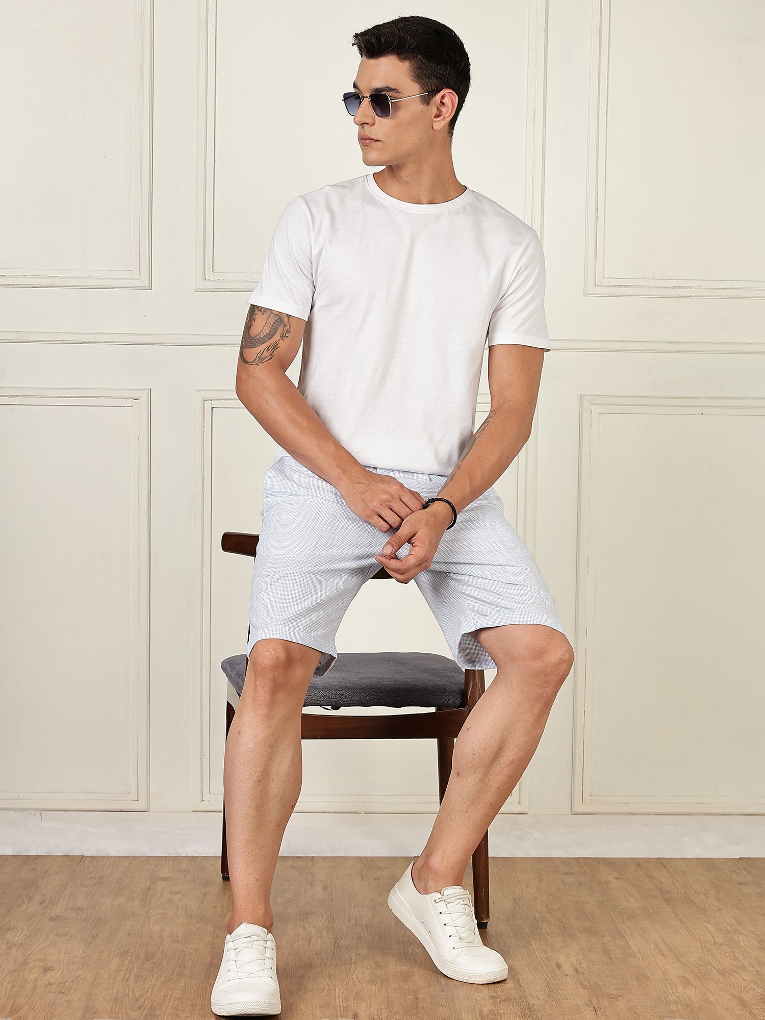 Thomas Scott Men Blue Mid-Rise Straight Fit Micro Checks Woven Linen Shorts