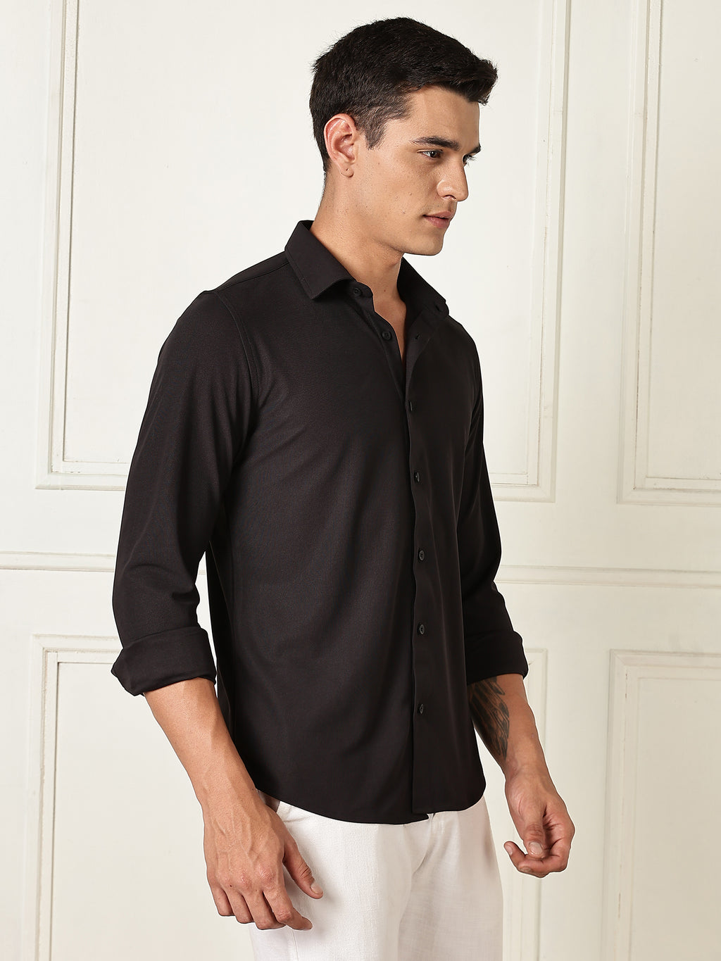 Thomas Scott Men Black Premium Slim Fit Long Sleeves 4 Way Stretch CoolMax Knitted Casual Shirt