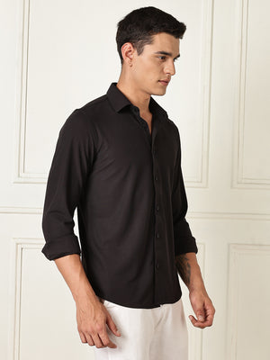 Thomas Scott Men Black Premium Slim Fit Long Sleeves 4 Way Stretch CoolMax Knitted Casual Shirt