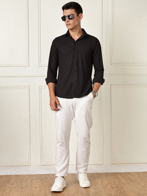 Thomas Scott Men Black Premium Slim Fit Long Sleeves 4 Way Stretch CoolMax Knitted Casual Shirt