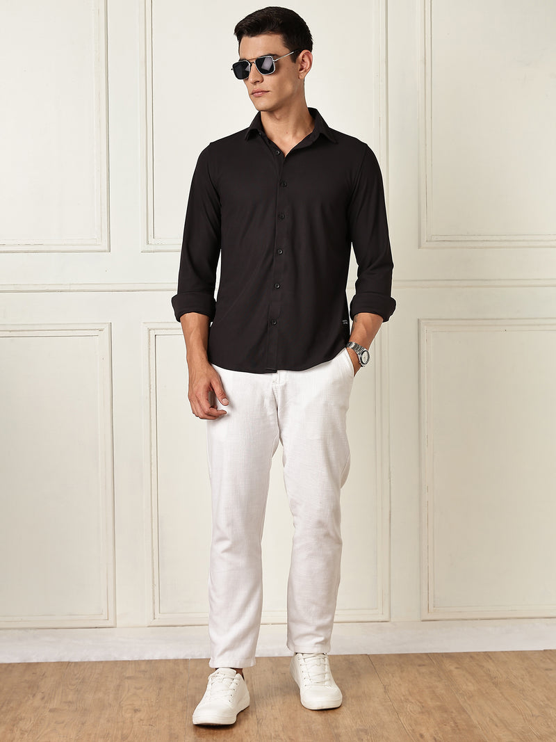 Thomas Scott Men Black Premium Slim Fit Long Sleeves 4 Way Stretch CoolMax Knitted Casual Shirt