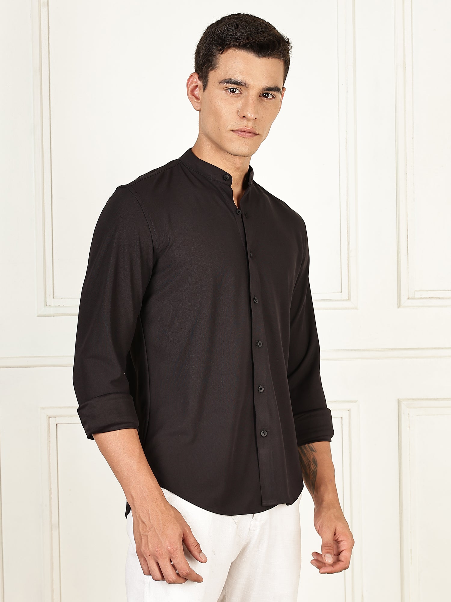 Thomas Scott Men Black Premium Slim Fit Long Sleeves Mandarin Collar 4 Way Stretch CoolMax Knitted Shirt