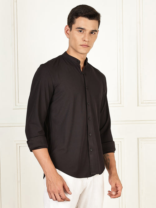 Thomas Scott Men Black Premium Slim Fit Long Sleeves Mandarin Collar 4 Way Stretch CoolMax Knitted Shirt
