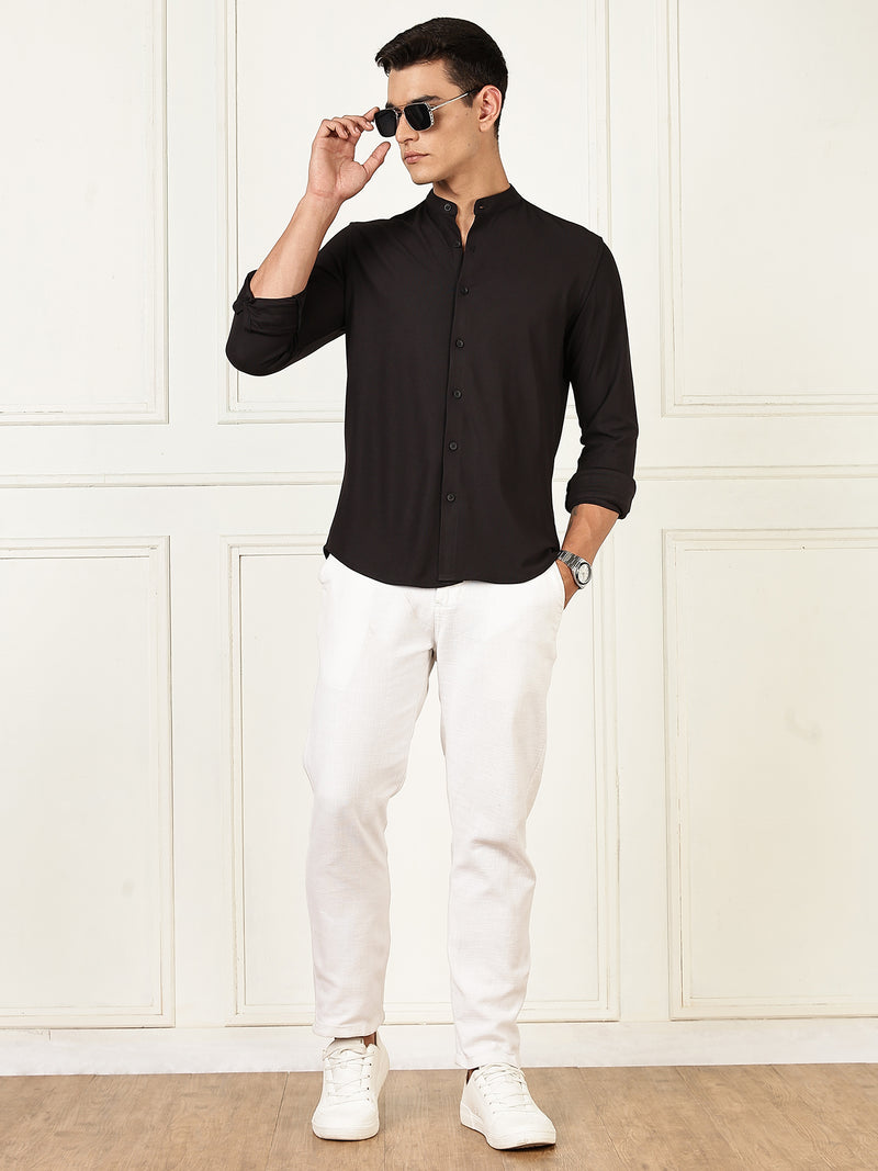 Thomas Scott Men Black Premium Slim Fit Long Sleeves Mandarin Collar 4 Way Stretch CoolMax Knitted Shirt