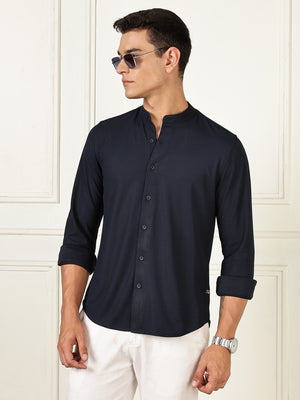 Thomas Scott Men Navy Premium Slim Fit Long Sleeves Mandarin Collar 4 Way Stretch CoolMax Knitted Shirt