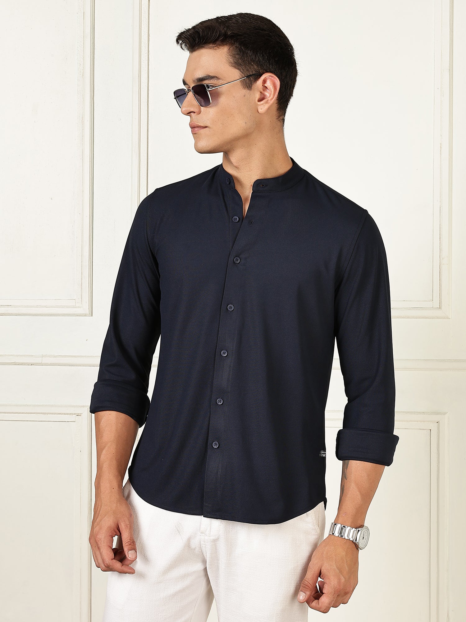 Thomas Scott Men Navy Premium Slim Fit Long Sleeves Mandarin Collar 4 Way Stretch CoolMax Knitted Shirt