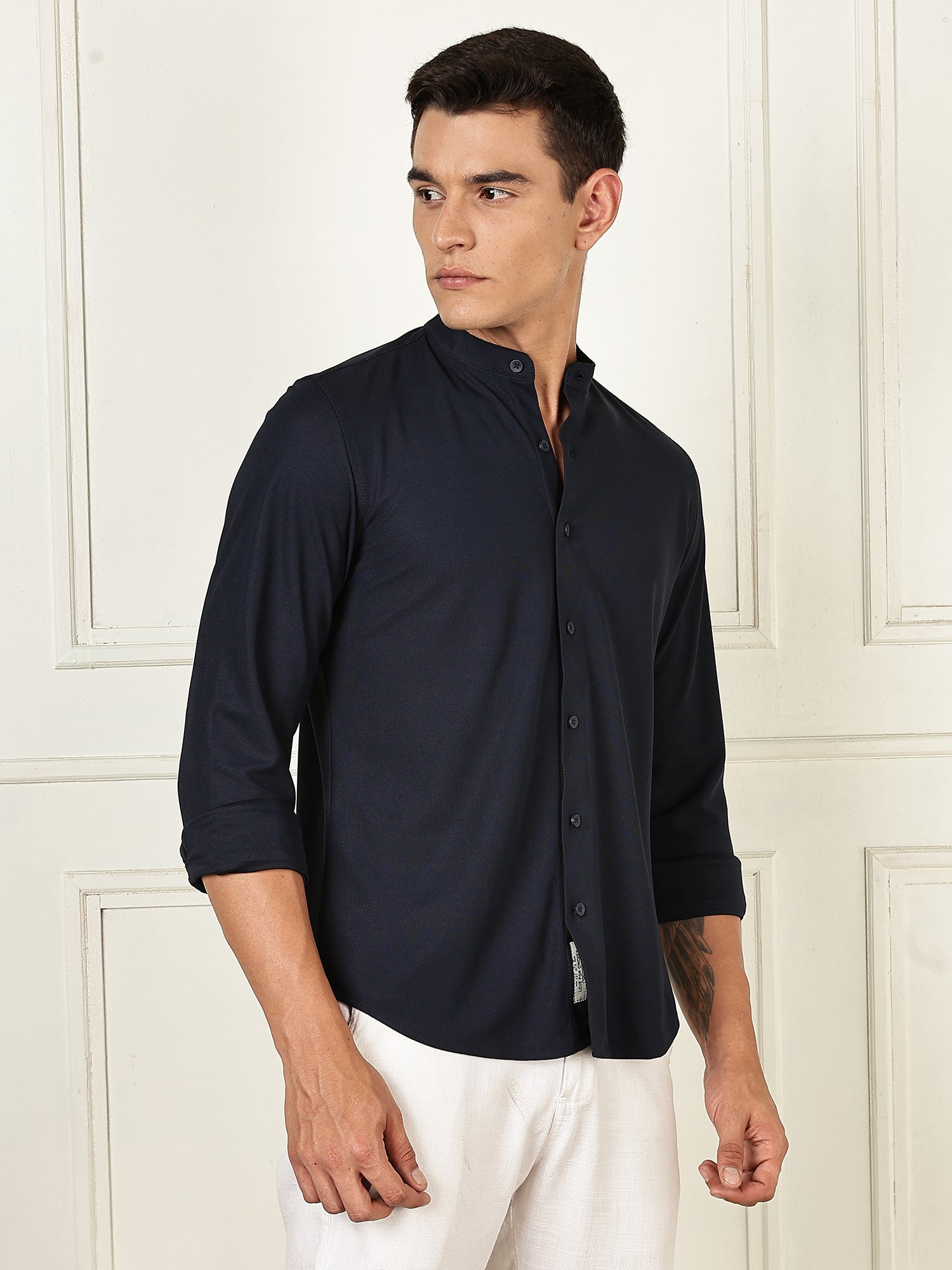 Thomas Scott Men Navy Premium Slim Fit Long Sleeves Mandarin Collar 4 Way Stretch CoolMax Knitted Shirt