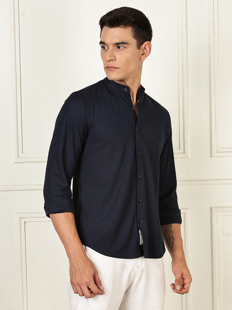 Thomas Scott Men Navy Premium Slim Fit Long Sleeves Mandarin Collar 4 Way Stretch CoolMax Knitted Shirt